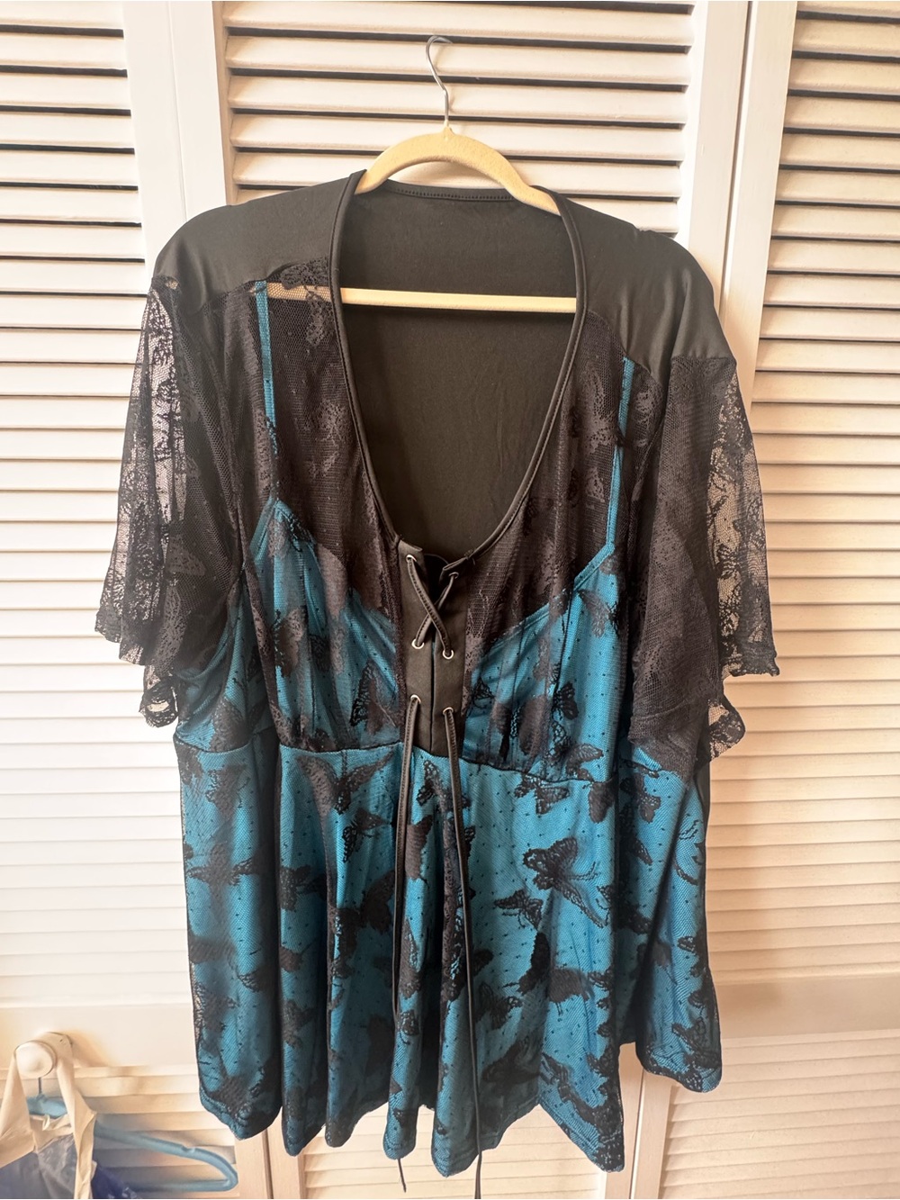 Teal Black Butterfly Lace Corset Style Babydoll Tunic Plus Size